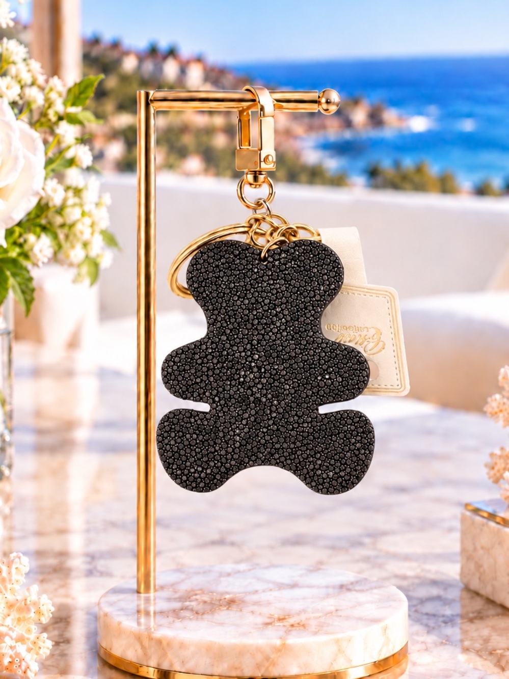 Black Textured Sequins Bear Keychain